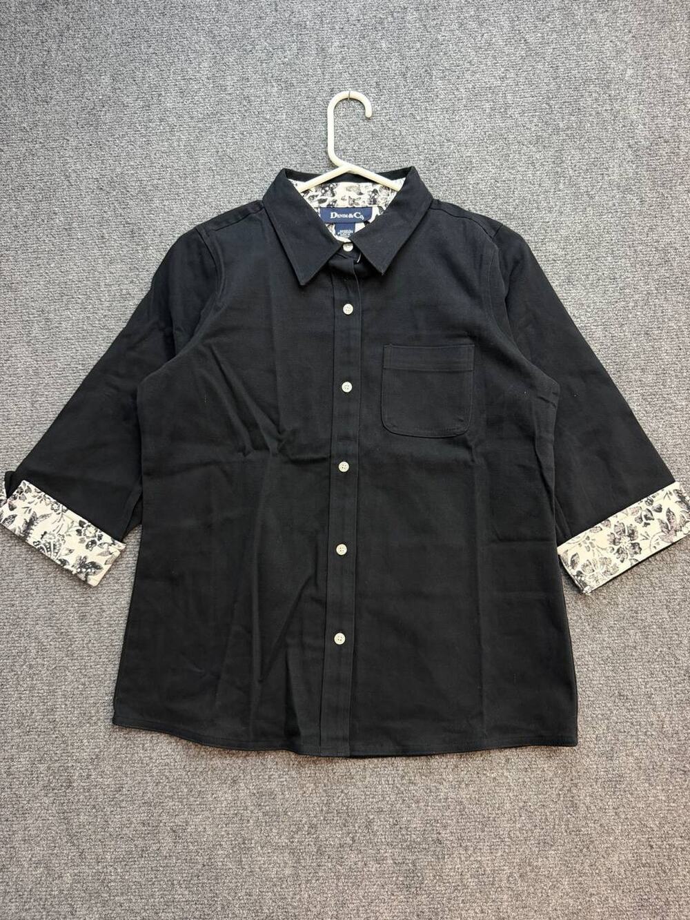 Denim & Co Women’s S Black Button Up Shirt Floral Cuffs 3/4 Sleeve